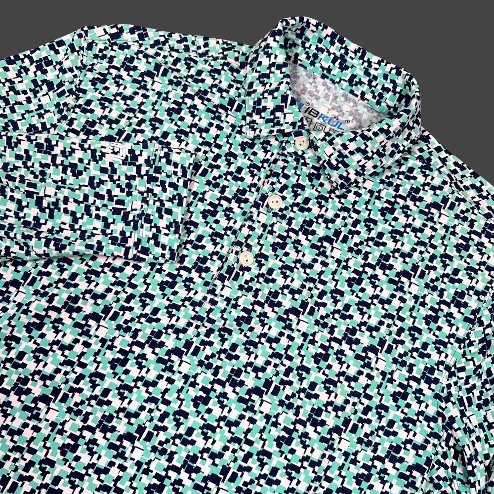 IBKUL Polo Shirt Women‎ Medium Teal Multi Geometric Long Sleeve UPF 50+ Sun Top